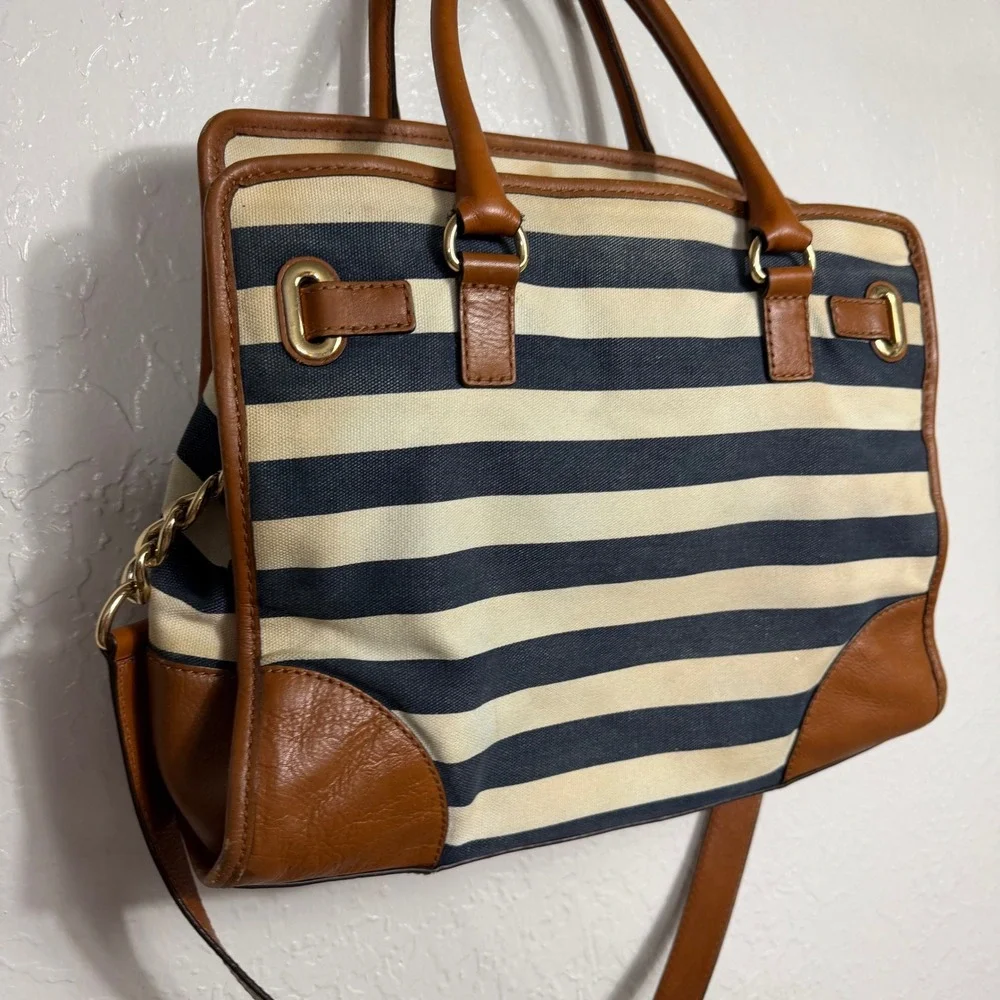 Michael Kors Hamilton Satchel Navy Cream Striped Canvas Leather Trim Handbag